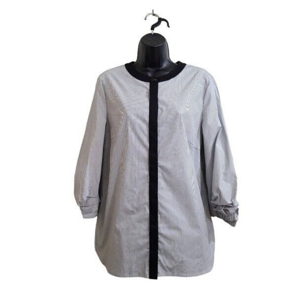 Ming Wang Striped Tunic XS White Black Ruched Sleeve